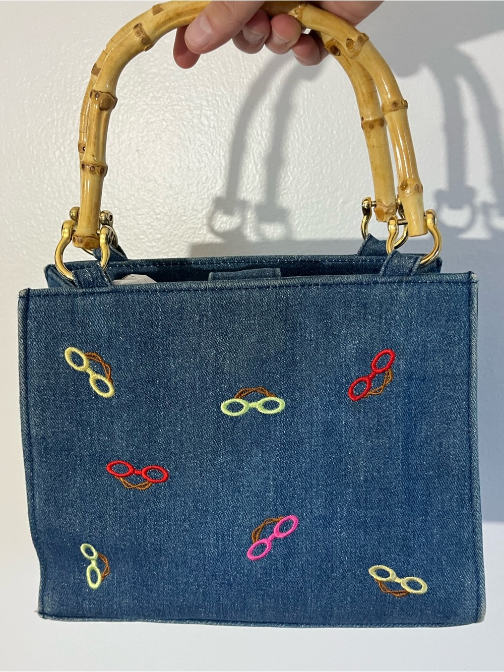 Denim Embroidered Glasses Satchel with Bamboo Handle Colorful
